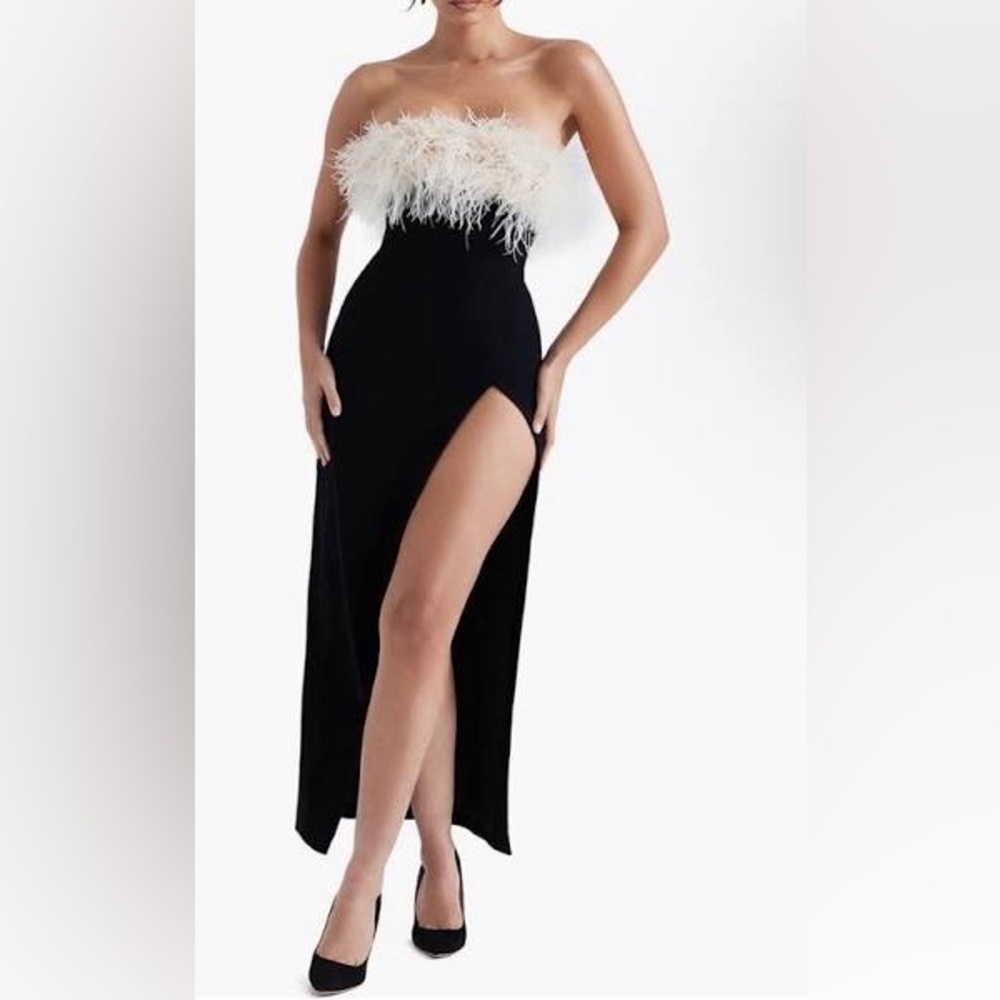 House of CB Black and White Feather Trim Midi Dress